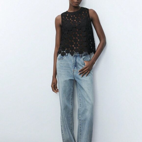 Black Casual Womens Round Polka Dot Breathable Tank Top - Picture 5 of 5